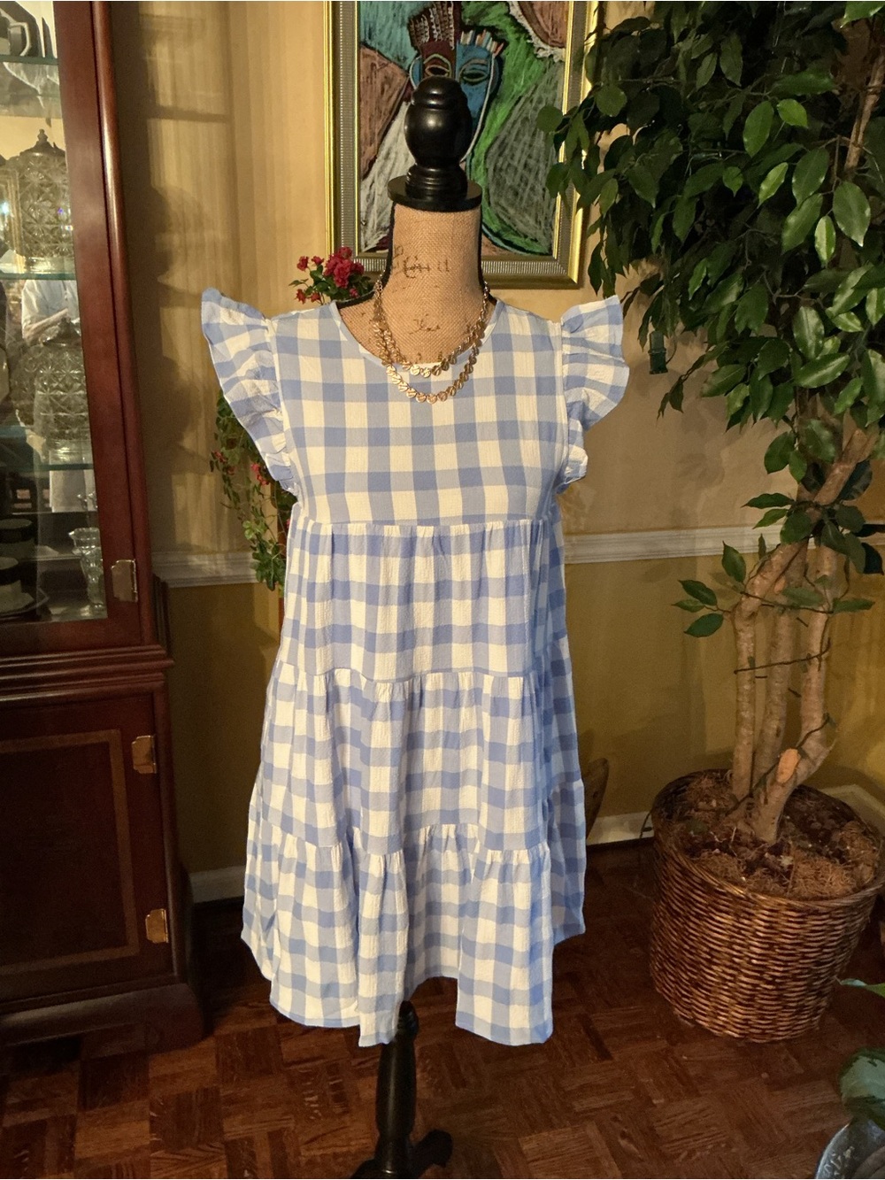 Light Blue Gingham Tiered Mini Dress with Flutter Sleeves